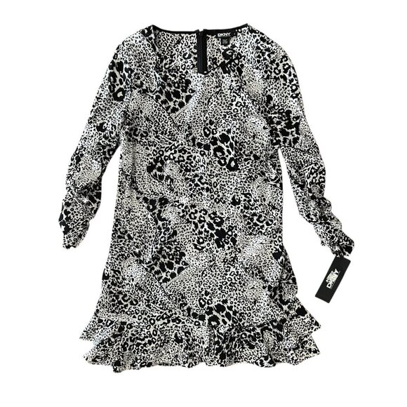 NWT DKNY Black White Leopard Print Silk Blend Ruffled Tiered Mini Dress Size 4 - Picture 1 of 16